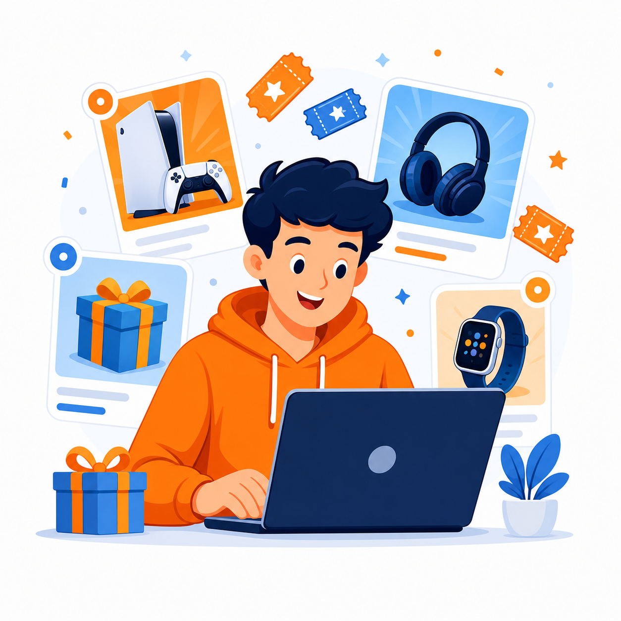 Cartoon customer browsing giveaway competitions