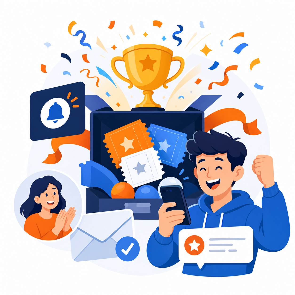 Cartoon winner announcement with prize confetti